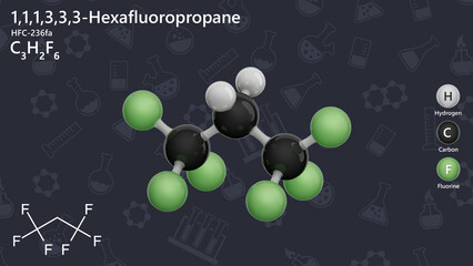 1,1,1,3,3,3-Hexafluoropropane or HFC-236fa. Molecular structure. Formula: C3H2F6. Chemical model: Ball and stick. Greenhouse gas. Dark background. 3D illustration