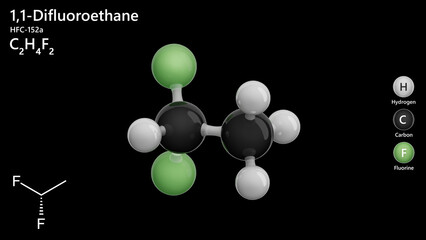 1,1-Difluoroethane or HFC-152a. Molecular structure. Formula: C2H4F2. Chemical model: Ball and stick. Greenhouse gas. Black background. 3D illustration.