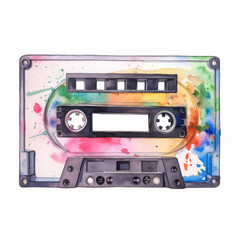Naklejka premium Colorful Watercolor Cassette Tape Illustration - Retro Music Art in Splashing Colors
