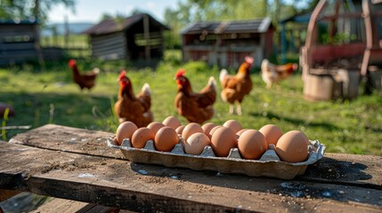Sunlight dances on a collection of freshly laid eggs resting on a wooden table, while chickens roam freely in a peaceful countryside farm
