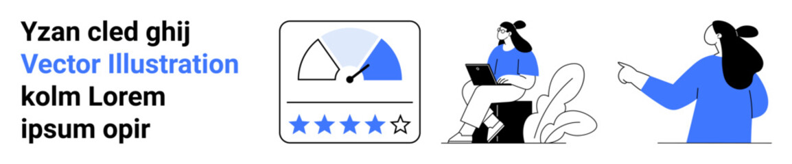 Two businesswomen with a performance rating icon and a feedback star rating graphic. Ideal for business presentations productivity review customer feedback performance evaluations and online content