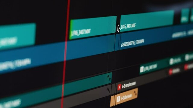Closeup of a video editing timeline as the editor cuts clips to create a video