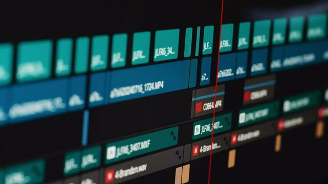 Close-up of a video editing timeline displayed on a screen, showing a nonlinear editing software interface. The playhead is moving and the editor is cutting clips.