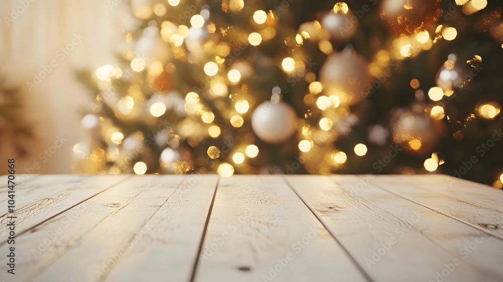Poster a cozy wooden table in front of a blurred christmas tree, illuminated by warm golden lights, creatin