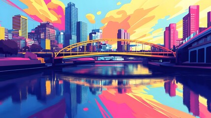 Obraz premium A vibrant, colorful city skyline featuring modern buildings, a bridge, and reflections on a calm river, with a dynamic sunset sky..