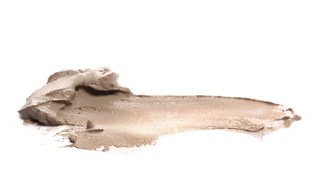 Ceramic tile adhesive spread, pile of wet cement isolated on white,