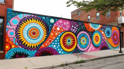 Fototapeta premium Dynamic Colorful Urban Mural Featuring Bold Patterns and Vibrant Circular Motifs on a City Wall