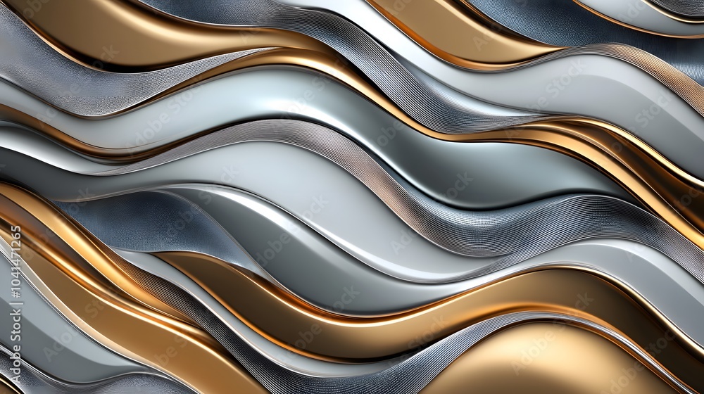 Poster an elegant abstract composition featuring gold and silver metallic waves, creating a luxurious and m