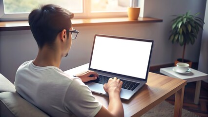 man working on laptop, office desk, teal shirt, back view, computer screen 