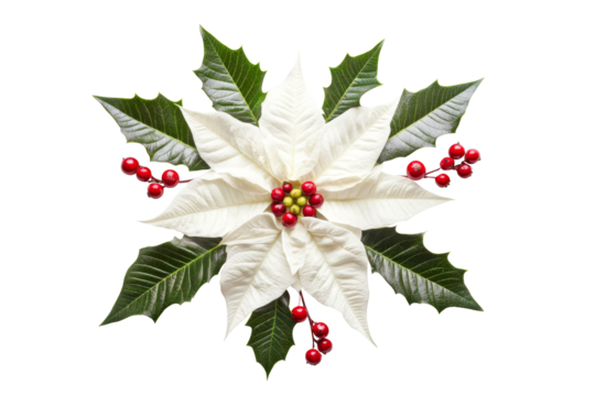 Top view of Beautiful of white Poinsettia flowers with lush green leaves isolated on background, floral for Christmas decoration and festive. - Powered by Adobe