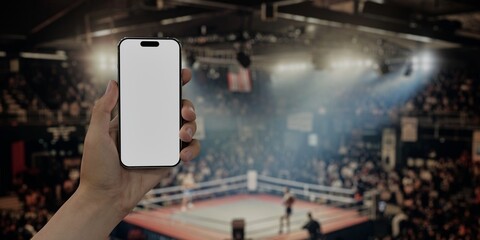 Black African-American young male using smartphone with a blank white screen. Boxing, ring, audience apps mockup. Vertical phone orientation