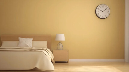 Modern minimalist bedroom with a light wood bed, cream-colored bedding, and a sleek nightstand holding a minimalist clock