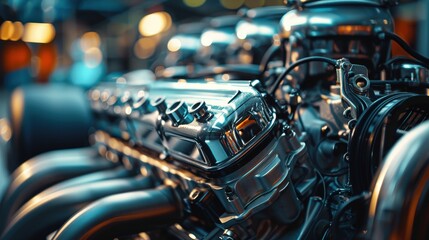 Fototapeta premium Unveiling a High-Performance Racing Car Engine with Stunning Detail and Gleaming Components