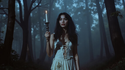 Fototapeta premium Young lady lost and alone in the woods holding a candle and searches for a way out of the darkness