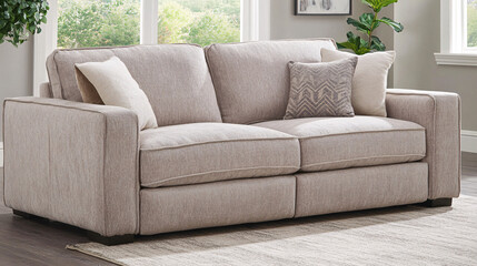 Fototapeta premium Neutral-toned living room with a minimalist couch, soft rug, and a vibrant plant adding a touch of green to the space