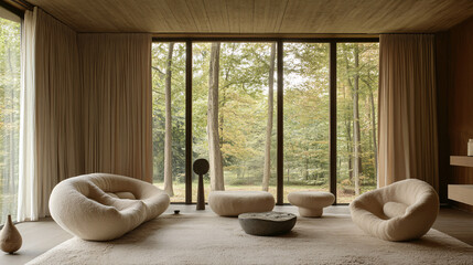 Open-concept living room with floor-to-ceiling windows and neutral decor