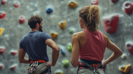 Fototapeta premium An image from the back shows a male instructor instructing a female wall climber. At an indoor climbing center, a woman is learning the craft of rock climbing.