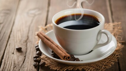 Morning coffee with cinnamon stick on a rustic table