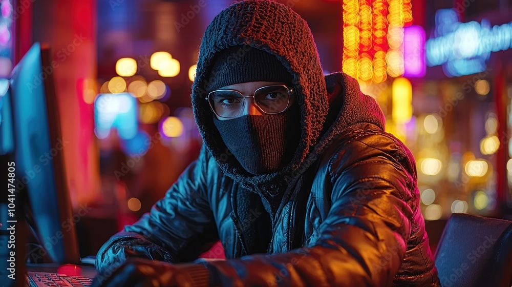 Leinwandbilder masked person in a hooded jacket using a computer in a neon-lit environment
