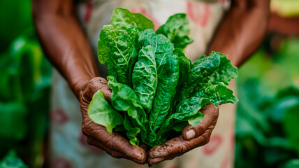 Close-up of hands holding fresh vegetable leaves and greens, freshly picked from an organic garden in Hawaii on the Big Island, shot with a Sony A7R IV.