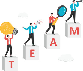 The concept of teamwork, team group members stacking human pyramid to raise the steps,

