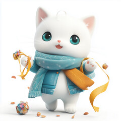 Playful White Cat in Winter Scarf with Ribbon Toys.