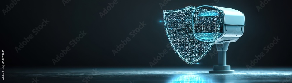 Poster Futuristic security camera with digital shield effect on dark background.