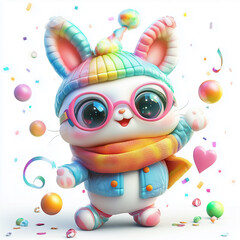 Cute Bunny In Rainbow Outfit Celebrating With Confetti.