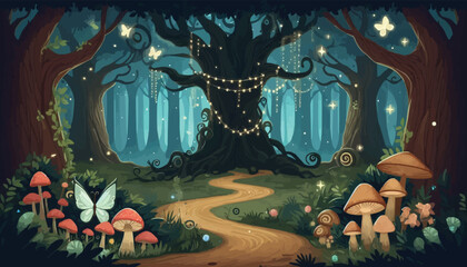 Mystical woodland with ancient trees lush vegetation and sparkling fairy lights background