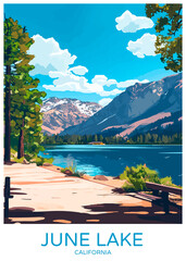 June Lake California Poster Illustration Travel Print Decor Gift Paper Canvas Wall Retro Art