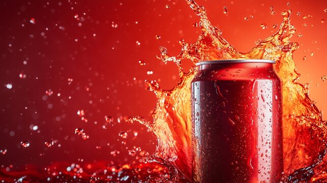 A jar surrounded by splashes of liquid against a bright red background. Splashes create dynamics and a feeling of freshness of the drink, invigorating energy or carbonation.
