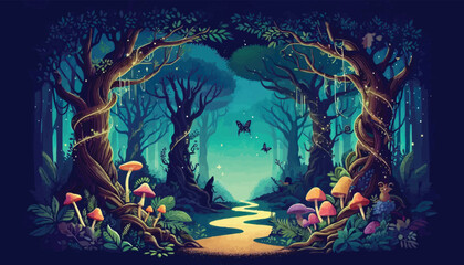 Mystical woodland with ancient trees lush vegetation and sparkling fairy lights background