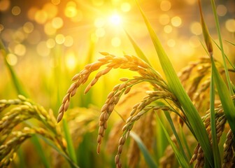 Surreal Close-Up of Rice Grains in Lush Green Field with Dreamlike Nature Background, Emphasizing Textures, Light Play, and Vibrant Colors for Artistic Photography