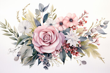 Lush watercolor bouquet with pink rose and leaf, floral arrangement, watercolor floral bouquet illustration, floral frame