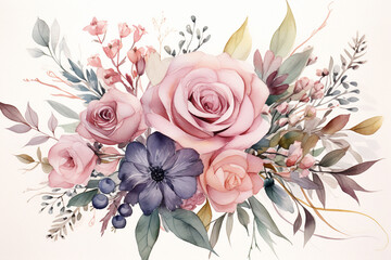 Elegant watercolor design features a variety of pink roses, white flowers, and greenery perfect for wedding invitations