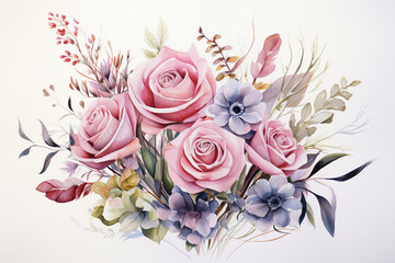 Watercolor bouquet with pink roses and anemones brings floral elegance, floral frame, bridal bouquet, floral illustration