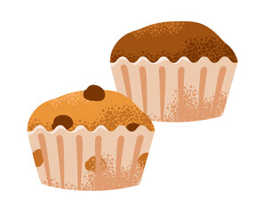 Assorted cupcakes isolated on a white background. Muffins with vanilla and chocolate. Baking flat illustration