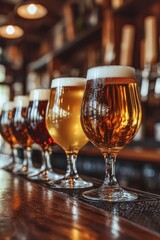A row of glasses with different types and sizes of beer, arranged on the bar counter in an old-fashioned pub or restaurant. 