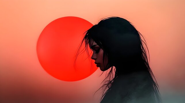 Mysterious androgynous figure with captivating body language backlit by a dramatic orange and pink sunset with cinematic lighting and a painterly digital art style