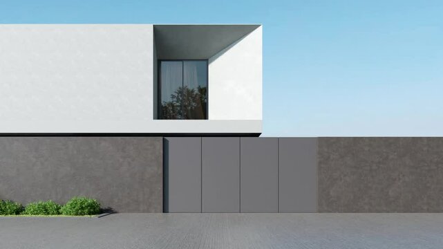 3d rendering of modern luxury house with large entrance wall and concrete floor