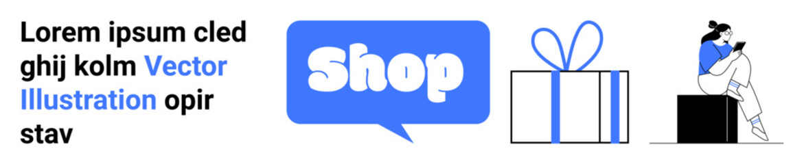 Text block on left, blue speech bubble with Shop in middle, gift box with bow at center, female figure on right using phone. Ideal for e-commerce, shopping, online stores, marketing, customer