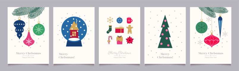 Merry Christmas and Happy New Year Set of greeting cards, posters, holiday backgrounds.