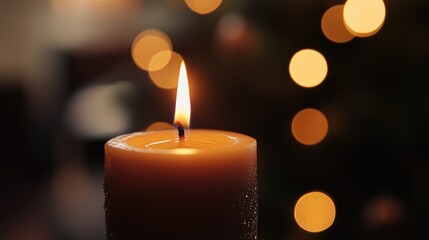 Close up of a lit candle with blurred lights in the background evoking a warm and tranquil atmosphere