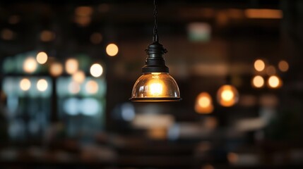 Hanging vintage light fixture illuminating a softly blurred restaurant interior
