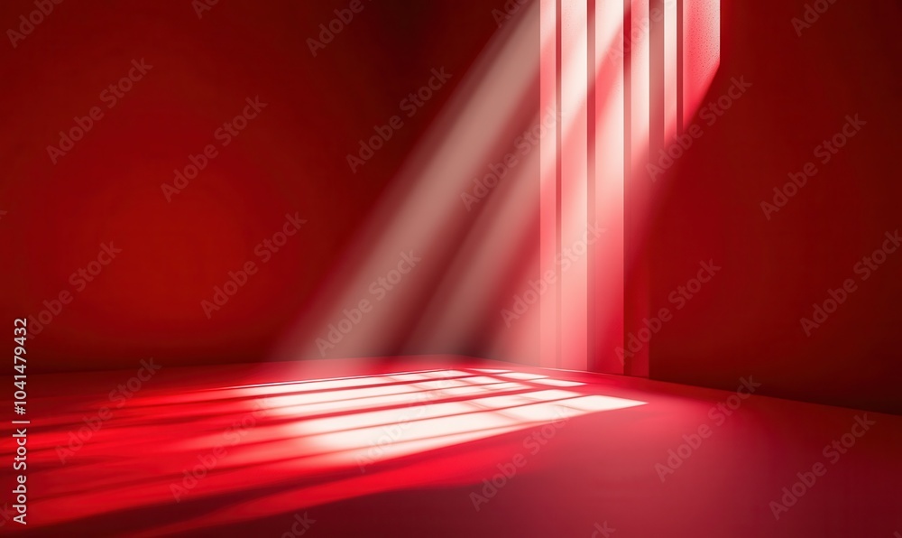 Poster red abstract background with soft light rays streaming through vertical blinds, creating a warm and 