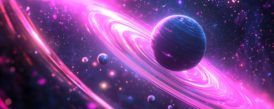 Planets with cheerful expressions, dancing around a bright, pulsating star, glowing rings of light, sparkling nebula, fantasy galaxy, vibrant and lively, wide shot