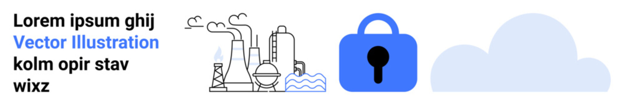 Shows industrial plant with machinery, a blue padlock symbolizing security, and a grey cloud. Ideal for industrial safety cybersecurity cloud computing security illustration and technological