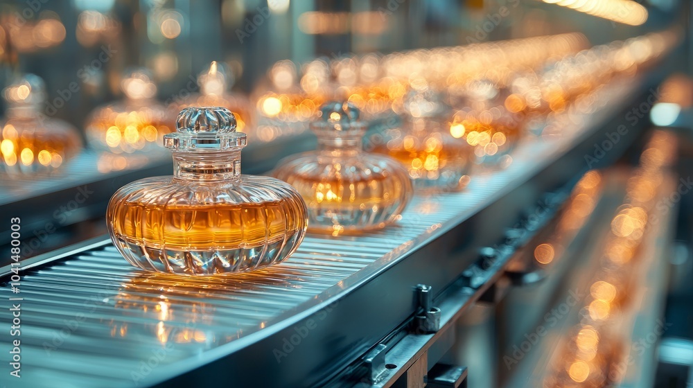 Poster close-up of perfume bottles moving along a conveyor belt in a factory setting. the glass bottles cat