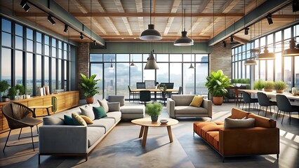 Fototapeta premium Modern open office space, industrial chic, floor-to-ceiling windows, panoramic city view, exposed wooden beams, pendant lighting, comfortable lounge seating, potted plants, collaborative workspace