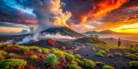 Fototapeta premium Surreal Landscape of a Volcanic Slope: Dreamy Skies and Unusual Flora in an Otherworldly Terrain of Lava and Smoke for Stunning Imagery and Unique Artistry
